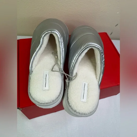 Anthropologie Maeve | SZ Large (10/11| Puffy Platform Slipper Shoes Silver - Picture 6 of 9